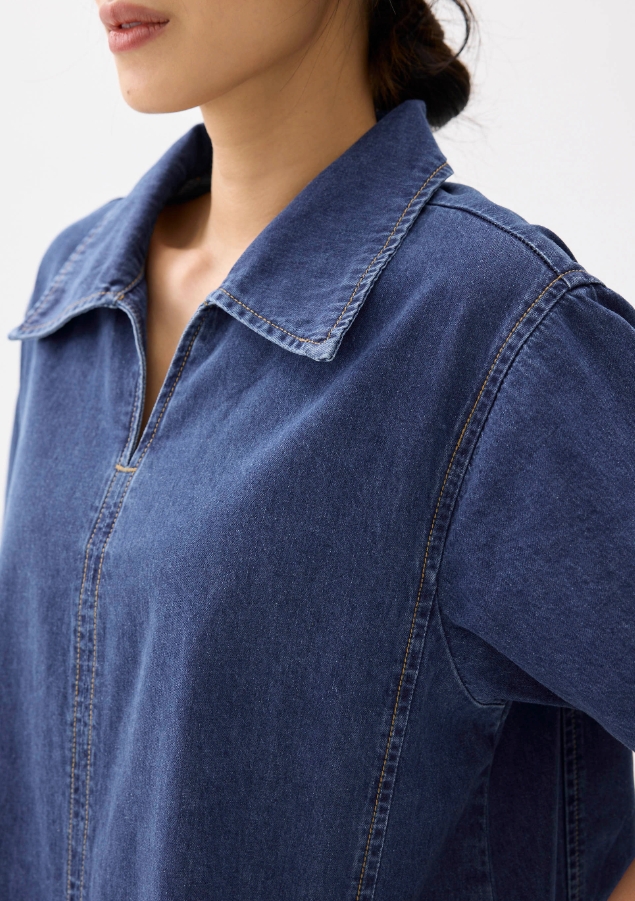 Denim Collared Trapeze Dress - Image 3
